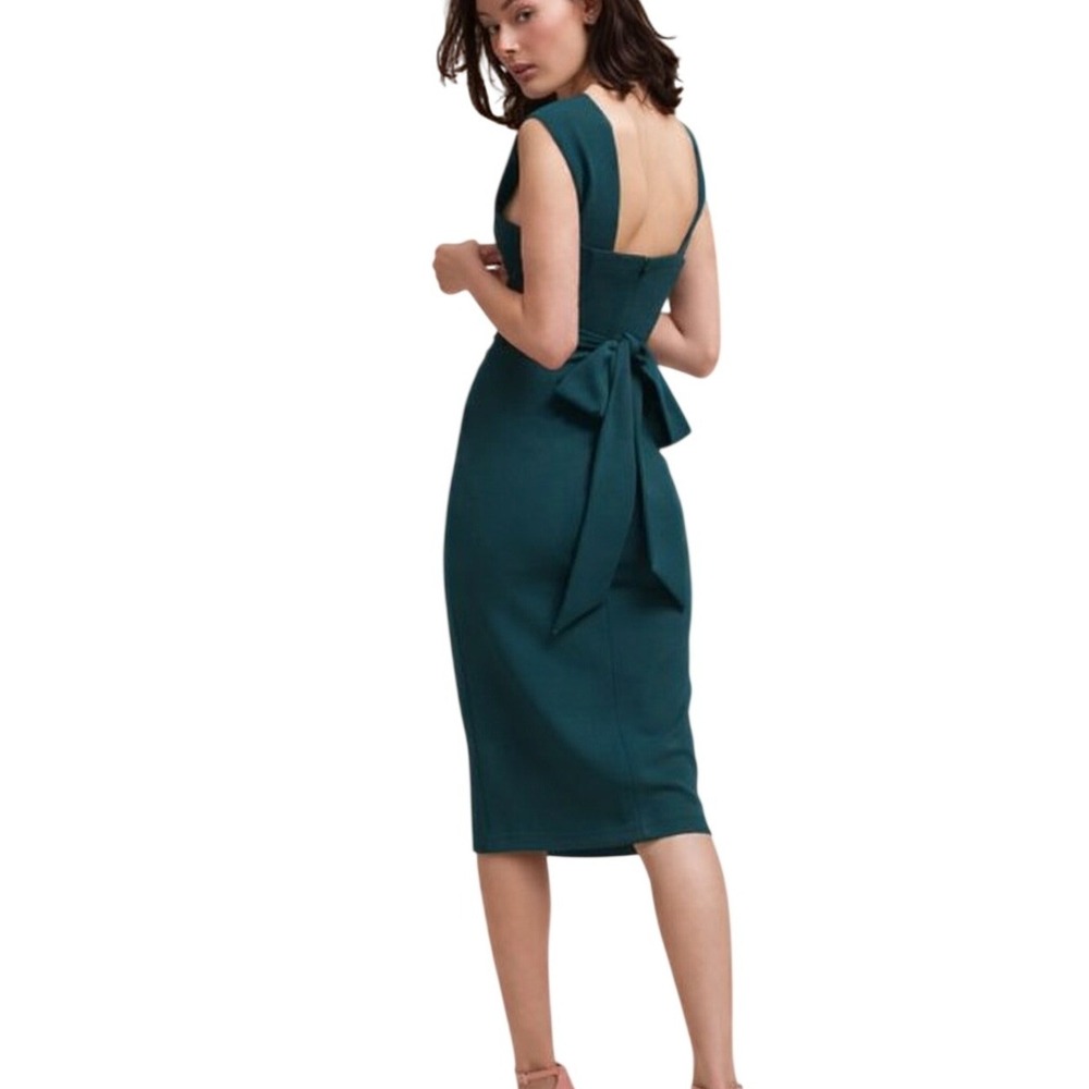 Anthropologie BHLDN Teal V Neck Sleeveless Wrap Waist Bow Back Midi Dress Size 4 - Picture 2 of 16